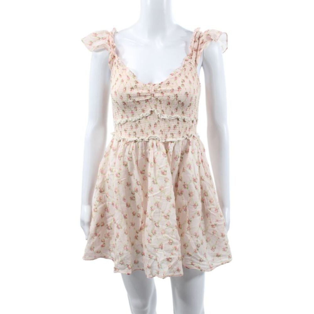 Love Shack Fancy Women Pink Floral Mini Scoop Neck Cotton Dress Size S